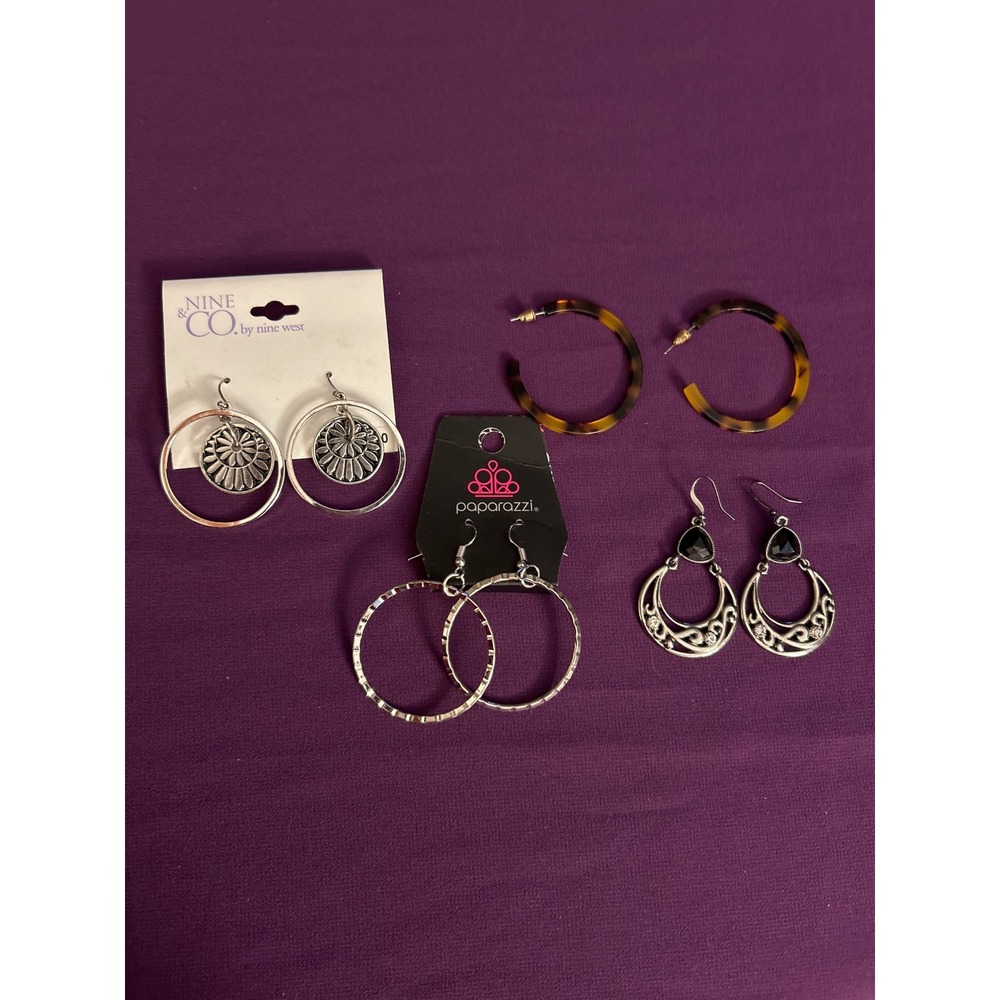 Earring Lot 4 Pairs Paparazzi Nine West Tortoise Shell Silver Tone Boho Hoops
